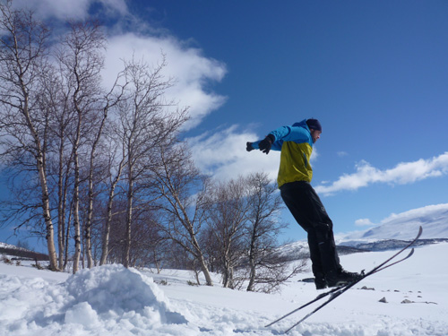 Skieur de randonnée nordique faisant un saut